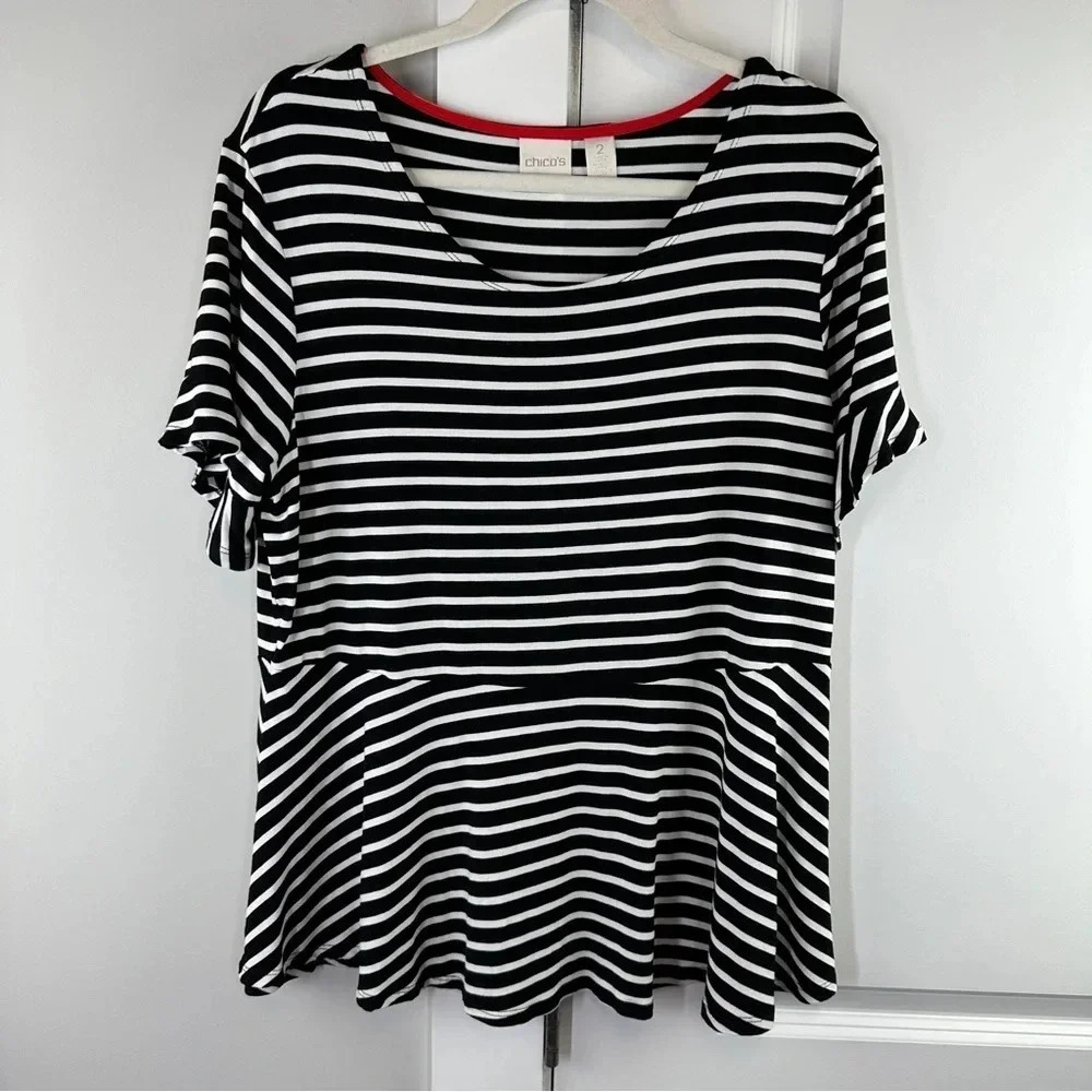 Chico black and white‎ striped peplum blouse top soft Classic size 2 Large 12/14